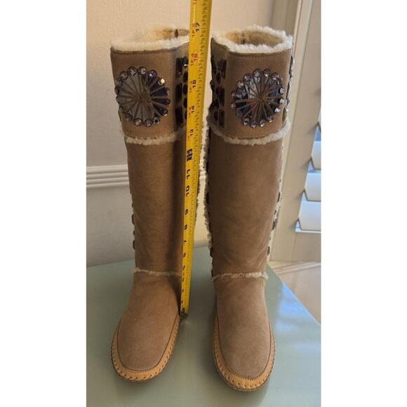 Tory Burch Crystal Tan ZuZu Embellished Suede Shearling Moccasin Talk Boots 7.5 - Picture 5 of 5